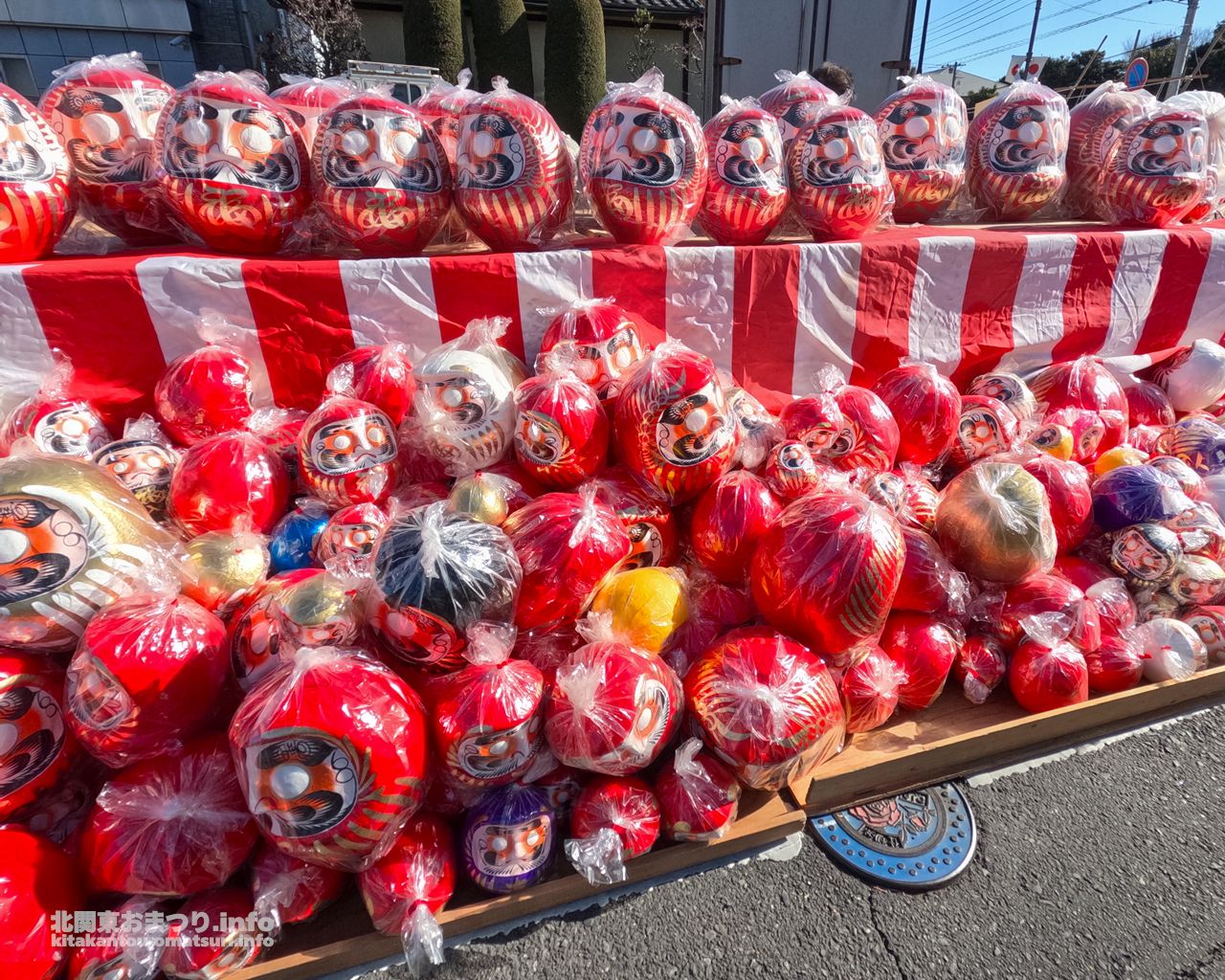 路上に並ぶ色とりどりのだるまたち 下館大町通り 筑西だるま市